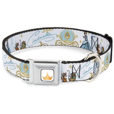 Dog Collar Seatbelt Buckle Cinderella Pumpkin Coach and Mice Pose with Script Blues 15 to 24 Inches 10 Inch Wide