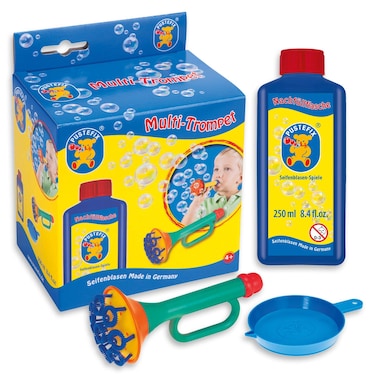 PUSTEFIX Multi Bubble Trumpet Blowing Toy for Kids Set includes Trumpet Blower 845 oz Bubbles Bottle and Liquid Tray