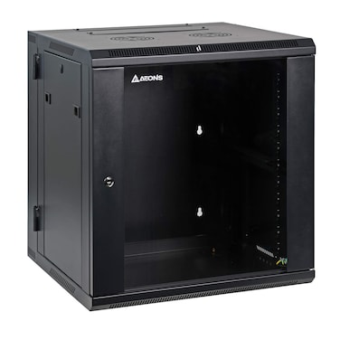 AEONS 12U Professional Wall Mount Server Cabinet Enclosure Double Section Hinged Swing Out 19Inch Server Network Rack Locking Glass Door 22Inches Deep Black Fully Assembled