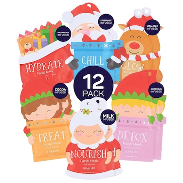 SpaLife Santas Squad Hydrating Facial Masks  12 Pack for Moisturizing and Soothing Beauty  Skincare Set for Radiant Skin