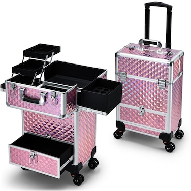 Rolling Makeup Case with Drawer Cosmetology Case on Wheels Makeup Trolley Sliding Drawer Makeup Travel Case for Esthetician Mobile Stylist Manicurist Barber Case Traveling Cart Trunk Glitter Pink