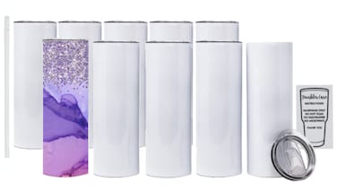 10 Pack 20oz Sublimation White Straight Skinny Tumbler with Plastic Straw Sublimation Tumblers for Heat Transfer DIY Sublimation Blanks Mugs Double Walled Stainless Steel Travel