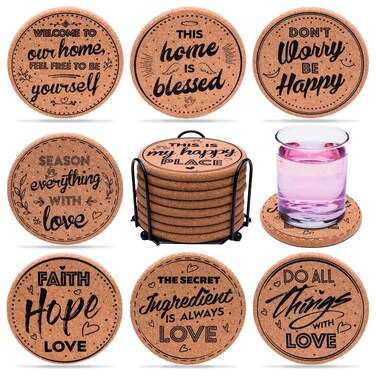 Coasterlux Cork Coasters for Drinks Absorbent with Holder  Cute  Funny Set of 8 Large Round Outdoor Cup Wooden Table Protection Coffee Trivet Cups and Mugs Cool Drink Coaster Gift