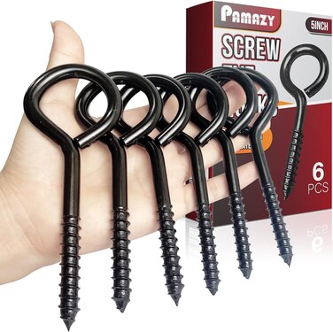 PAMAZY 5Inch Heavy Duty Black Screw Eyes Hook 6PCS Self Tapping Eyelet Screw Eye Bolts Screw in Eye Hooks for Wood Securing Cables Wire Hammock Stand Indoor  Outdoor Use