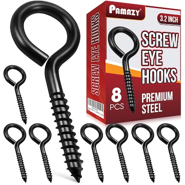 8PCS Screw Eyes 32 Inch Black Eye Hooks Screw Self Tapping Eye Heavy Duty Eye Bolt for Wood Securing Cables Wire Hammock Stand Indoor  Outdoor Use