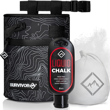 SURVIVOR Chalk Bag  Chalk Ball  Liquid Chalk  Iconic Topographical Map Draw String Closure 2 Zippered Pockets  Brush Holder  Chalk Bag for Rock Climbing Bouldering Weightlifting Gymnastics