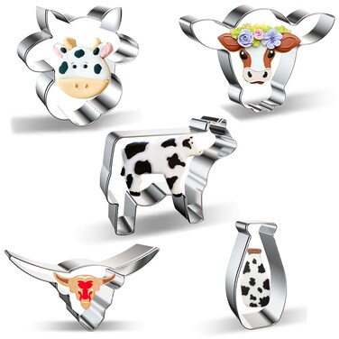 Cow Cookie Cutter Set  5 Piece Stainless Steel FarmFarmhouse Animal Cookie Cutters Shapes Milk Bottle Longhorn Bull Cow Head CowSteer Face Cutters Molds for Making Cookies Biscuit Fondant