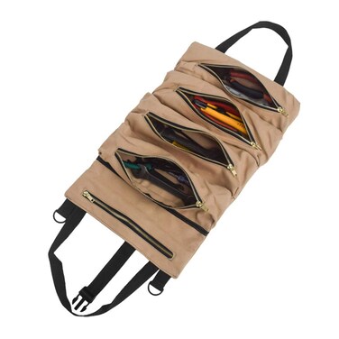 Kani Super Roll Tool Roll Canvas Tool Roll Up Bag MultiPurpose Hanging Tool Zipper Carrier Tote Car Seat Back Organizer Tool Organizer Bucket Tool Pouch Sling with 5 Zipper Tool Bags