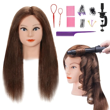 SOPHIRE 100 Real Hair Mannequin Head with 9 Tools and Clamp Hairdressers Practice Training Head and Cosmotology Doll Head for Hairstyling and Braid  Dark Brown