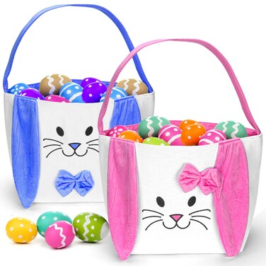 Atonofun 2 Packs Easter Basket Set Easter Bunny Basket Gift Baskets Bags for Kids Canvas Tote Bags Bunny Easter Bucket for Easter Eggs Hunt Kids Easter Party Favor Blue Pink
