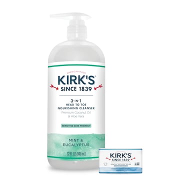 Kirks 3in1 Head to Toe Nourishing Liquid Cleanser  Travel Size Bar Soap  for Men Women  Children  Premium Coconut Oil  Aloe Vera Non GMO  Vegan Mint  Eucalyptus  32 Fl Oz