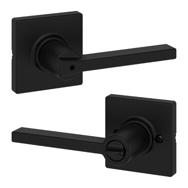 Kwikset Casey Interior Privacy Door Handle with Lock Door Lever For Bathroom and Bedroom Matte Black Reversible Keyless Turn Lock with Microban Protection