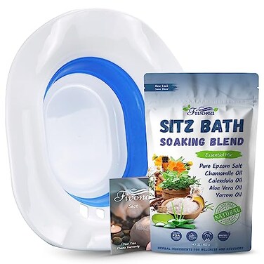 Fivona 2in1 Sitz Bath Soak Kit Over The Toilet Seat with Epsom Salt with Essential Oils Blend for Hemorrhoids and Postpartum Care Ideal for Perineal Soaking and Fast Irritation Relief