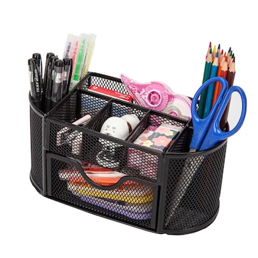Mesh Pen Holder Desk Organizer for Desk Pencil Holder with 8 Compartments and 1 Drawer Desk Supplies for Office Home 1 PC