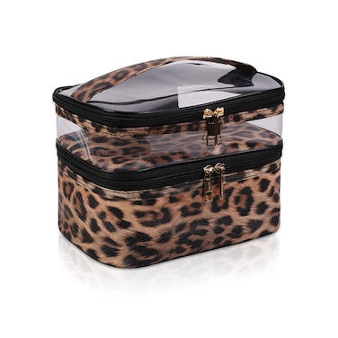 imerelez Doublelayer Cosmetic Bag Makeup Bag Travel Makeup Bag Makeup Bags for Women Cosmetics Cases Portable Waterproof Foldable Leopard