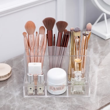 Yesesion Clear Makeup Organizer for Vanity Cosmetics Storage Box with 6 Compartments for Beauty Products Lipsticks Eyeliners Eyebrow Pencils in Vanity Dresser Bathroom Countertop Brush Holder