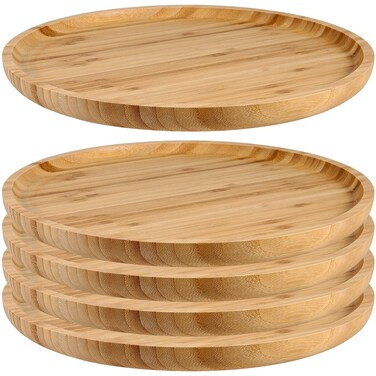 JOIKIT 5 Pack 12 Inch Bamboo Round Platter Fine Polished Round Wood Plates Bamboo Serving Tray for Holding Fruit Bread Cheese Nut Coffee Tea Plant Saucer