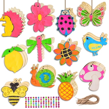 60 Pieces Unfinished Spring Wooden Cutouts 12 Styles Butterfly Bee Wood Slices Flower Unfinished Wood Cutouts Blank Wooden Paint Crafts for Kids Painting DIY Crafts Home Decoration Craft Project
