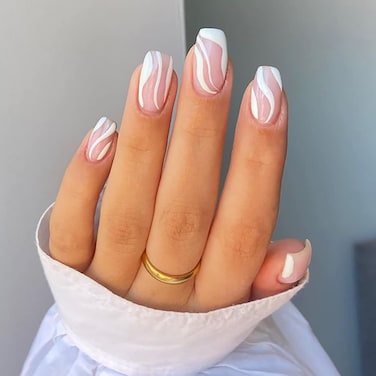 24 Pcs Press on Nails Short Luvehandicraft Glossy Fake Nails Coffin False Nails with Glue for Women and Girls Pink White Swirl 28 Piece Set