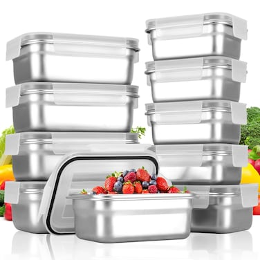 Cykorxicc 10 PC Square 304 Stainless Steel Food Containers with Lids Airtight Bento Lunch Box Metal Meal Prep Food Containers Reusable Stackable  Nestable OvenDishwsherFreezer Safe