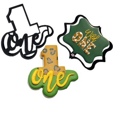 NUMBER ONE COOKIE CUTTER WITH PLAQUE One Year Baby Toddler Birthday Number With Word and Decorative Plaque Cookie Cutters 2 Pack