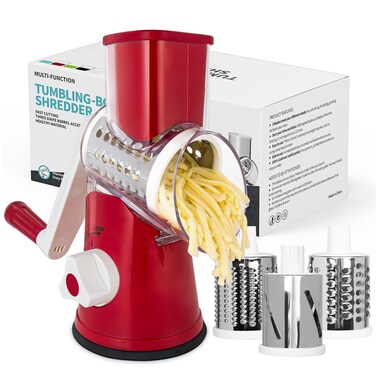 X Home Rotary Cheese Grater Kitchen Mandoline Vegetables Slicer Cheese Shredder with Rubber Suction Base 3 Stainless Drum Blades Included Easy to Use and Clean Red