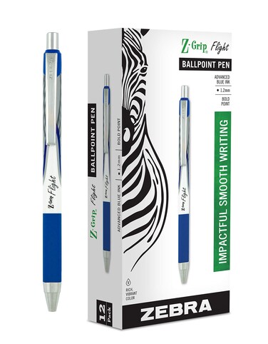 Zebra Pen ZGrip Flight Retractable Ballpoint Pen Bold Point 12mm Blue Ink 12Count