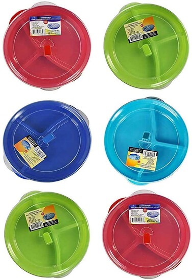 Regent Products Corp Set of 6 Microwave Food Storage Tray Containers  3 Section  Compartment Divided Plates w Vented Lid