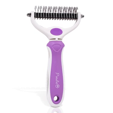 POODLIE Pet Grooming Dematter and Shedding Comb Tool TwinBlade Undercoat Rake for Cats and Dogs with Medium and Long Hair Gentle on Pets with Sensitive Skin Comfortable to Use Ergonomic Handles