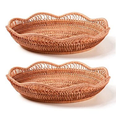 2 Pack Large Wicker Bread Basket Lacy Round Fruit Basket Natural Woven Bread Serving Basket for Coffee Table Kitchen Counter Hanging Wall Basket Dcor