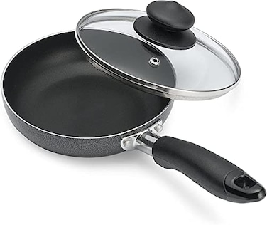 Bene Casa  Black Nonstick Aluminum Frying Pan with Glass Lid 6  Dishwasher Safe for Easy Cleaning