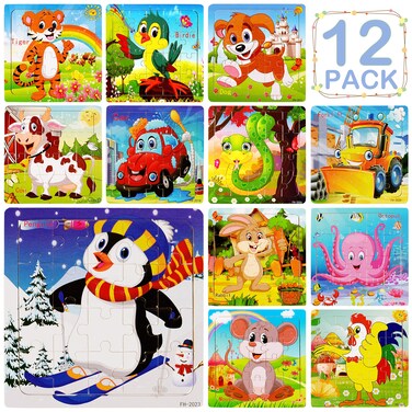 12Pack Wooden Jigsaw Puzzles for Kids Age 36 Year Old Animals Preschool Puzzles for Toddler Children Learning Educational Puzzle Toys for Boys and Girls