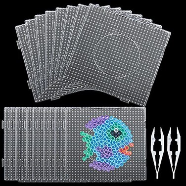 FVIEXE 18PCS 5mm Fuse Beads Pegboards Large Plastic Bead Pegboard Fuse Beads Boards with 2 Beads Tweezers Melty Beads Square Peg Boards Kit for DIY Craft Beads
