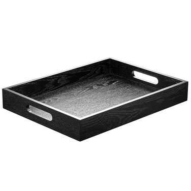 ATZYmolin Wood Serving Tray with Handles Home Decorative Wooden Rectangle Ottoman Decor Platter Vanity Tray for Breakfast Dinner Drinks Kitchen Dining Living Bathroom Restaurants Black