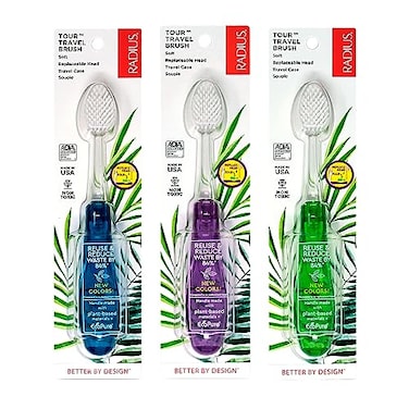 RADIUS Tour Travel Brush  Case with Replaceable Brush Head ADA Accepted Toothbrush Improve Gum Health  Purple Orange Red  Pack of 3