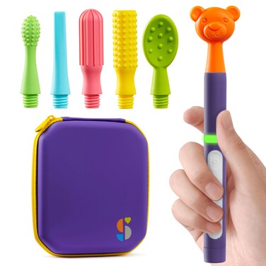 Special Supplies Buzz Buddy Oral Stimulation kit with 6 Soft Textured Interchangeable Heads Calm Sensory Needs Support Speech and Stimulate Self Feeding Gentle Vibrations Purple
