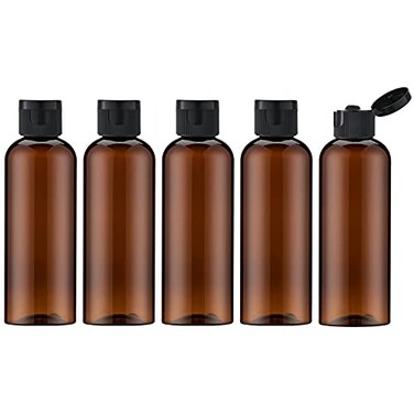 LISAPACK 34Oz Travel Bottles with Flip Cap 5 Pcs Empty Dispenser Container for Travel Size Cosmetics 100ml Brown