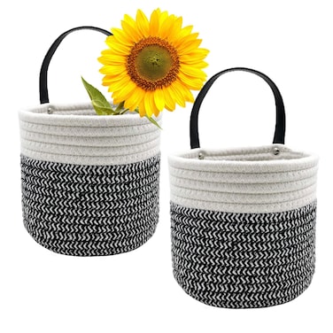 SOQKEEN Cotton Rope Hanging Baskets for Organizing 2 Pcs Round Small Wall Basket with Handles Woven Organizer Storage Basket for Kitchen Bedroom Living Room Office6x6 Black  White