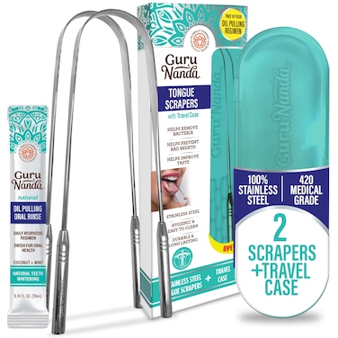 GuruNanda Tongue Scraper for Adults 2 Pack with Travel Case 420 Medicalgrade 100 Stainless Steel Tongue Cleaner Aids in Fresh Breath  Oral Care