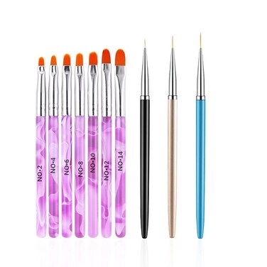 10 Pcs Gel Nail Brush Set 7 Pcs UV Gel Nail Painting Brushes with 3 Pcs Nail Art Liner Brushes Nail Art Brush Nail Painting Brush Pen Set for Acrylic Application