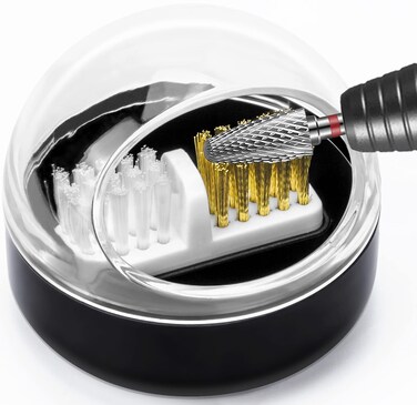 HiANNE Nail Art Cleaner Tool Case with Steel Wire Brush and Nylon Brush for Cleaning CarbideCeramic Nail Drill Bits AntiSplash Design Removable Washable Clear Cover  Black Base