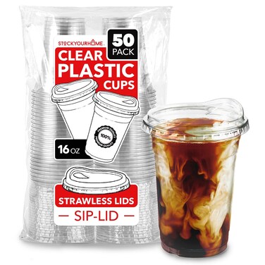 16 oz Clear Plastic Cups with Lids Disposable Togo Drinking Cup with Strawless Sip Lid for Smoothie Cold Brew Iced Coffee Lemonade Ice Latte Boba Party Drinks Bulk 16 Ounce Set of 50