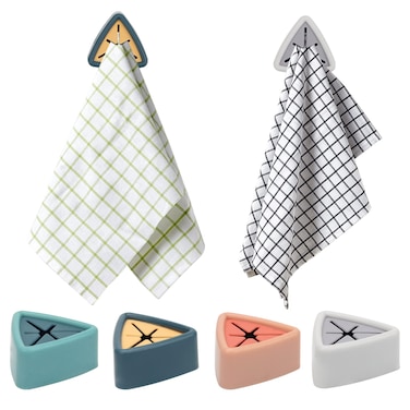 Pletpet 4Pcs Towel Hook Holder Grabber Drill Free Self Adhesive Push Hooks Firmly Colorful Dish Towel Holders for Kitchen Bathroom Towel Organization