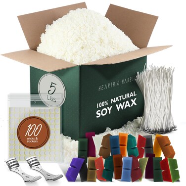 Hearth  Harbor Natural Soy Wax and DIY Candle Making Supplies  5 Lbs Soy Candle Wax Flakes 24 Candle Wax Dye Blocks 100 Cotton Wicks and 2 Metal Centering Device