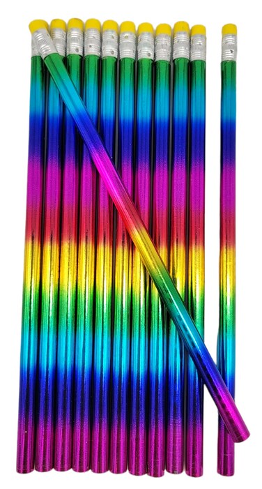 Zugar Land Shiny Metallic Colorful Rainbow Standard 2 Lead Pencils 75 Wood with Top Eraser 12