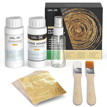 Gold Leaf Kit Gilding Adhesive 200ml Set Water Based Adhesive and Protective Varnish Whit Gold Leaf Sheet 100 pc for Craft Supplies Painting Resin Arts Furniture and Decoration