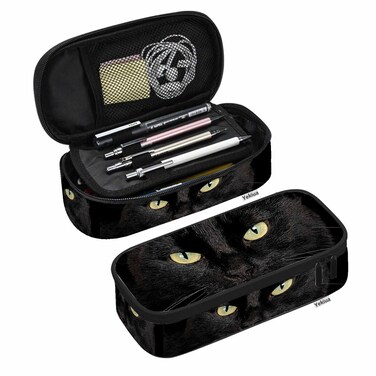 Yekiua Black Cat Pencil Case Cat Face Beautiful Eyes Big Capacity Pencil Pouch Office College Makeup Bag Black