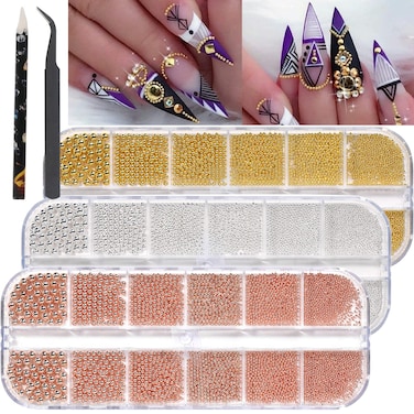 Nail Art Beads Gold Silver Rose Gold Mini Caviar Beads 3D Nail Art Metal Ball Nail Art With Nail Micro Beads Nail Art DIY Craft Decorative Accessories Set