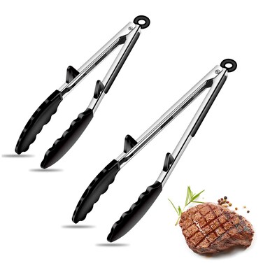 Silicone Tongs for Air Fryer 2 Pack Black Color Premium Silicone BPA Free NonStick Stainless Steel Locking Food Tongs 9Inch and 12Inch