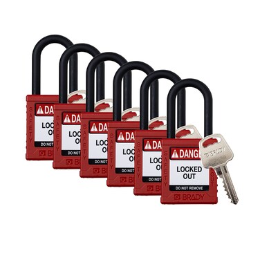 Brady Safety Lockout Padlock Sets  6 Pack  Red  Keyed Alike Safety Lockout Padlocks  1 Key Per Lock  SDPLRED38PLKA6